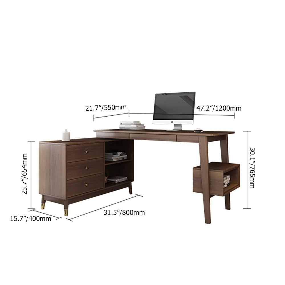 Walnut Reversible L-Shaped Desk Computer Desk with Drawers & Shelf