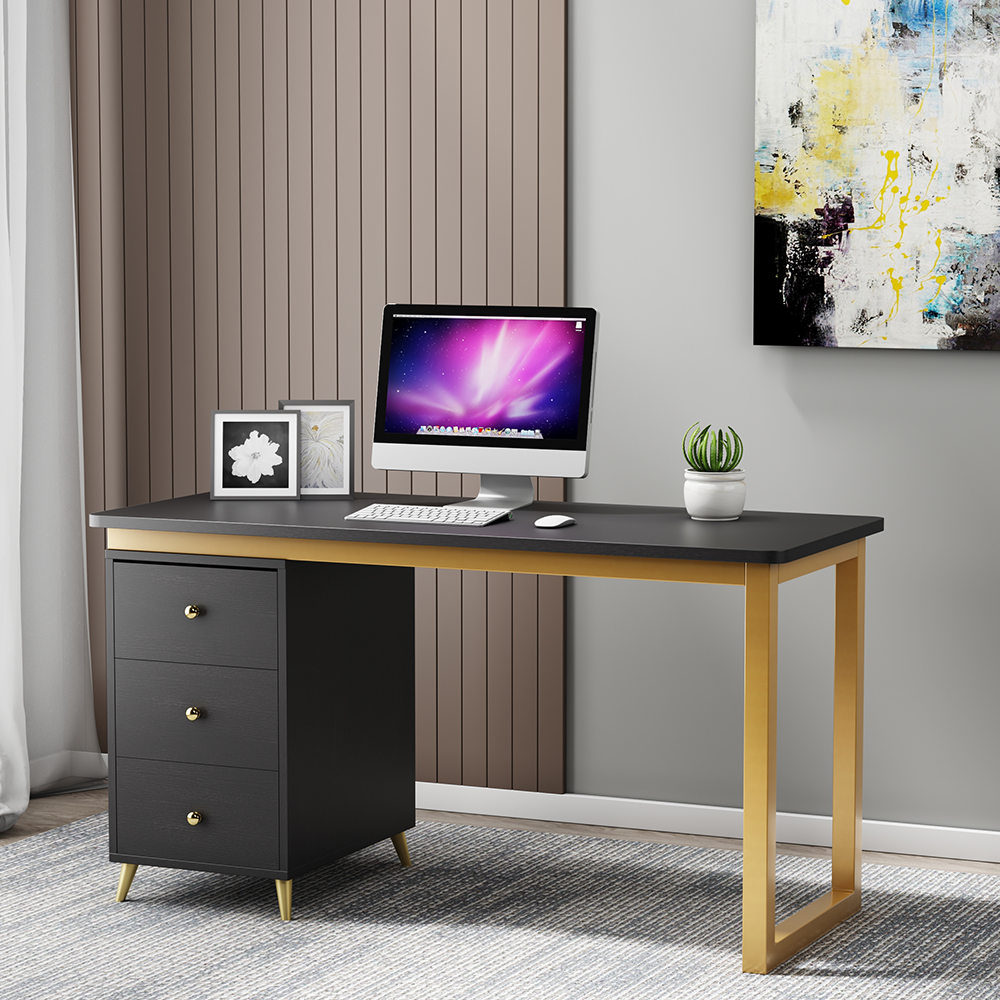 Modern 1400mm Black Wooden Home Office Writing Desk with Drawers in Gold