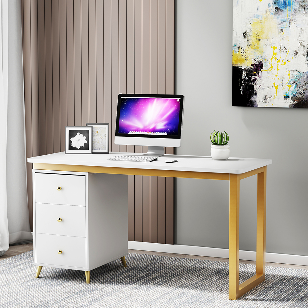 Modern 1800mm Wooden Desk White Computer Desk with 3 Drawers & Side Cabinet in Gold 