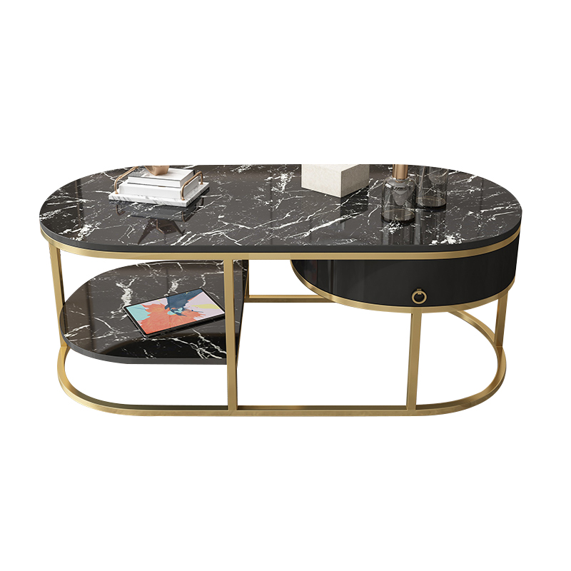 Modern Marble Coffee Table with Drawers & Shelf in Black