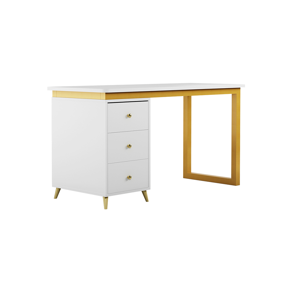 Modern 55" White Wooden Home Office Computer Desk with Drawers in Gold