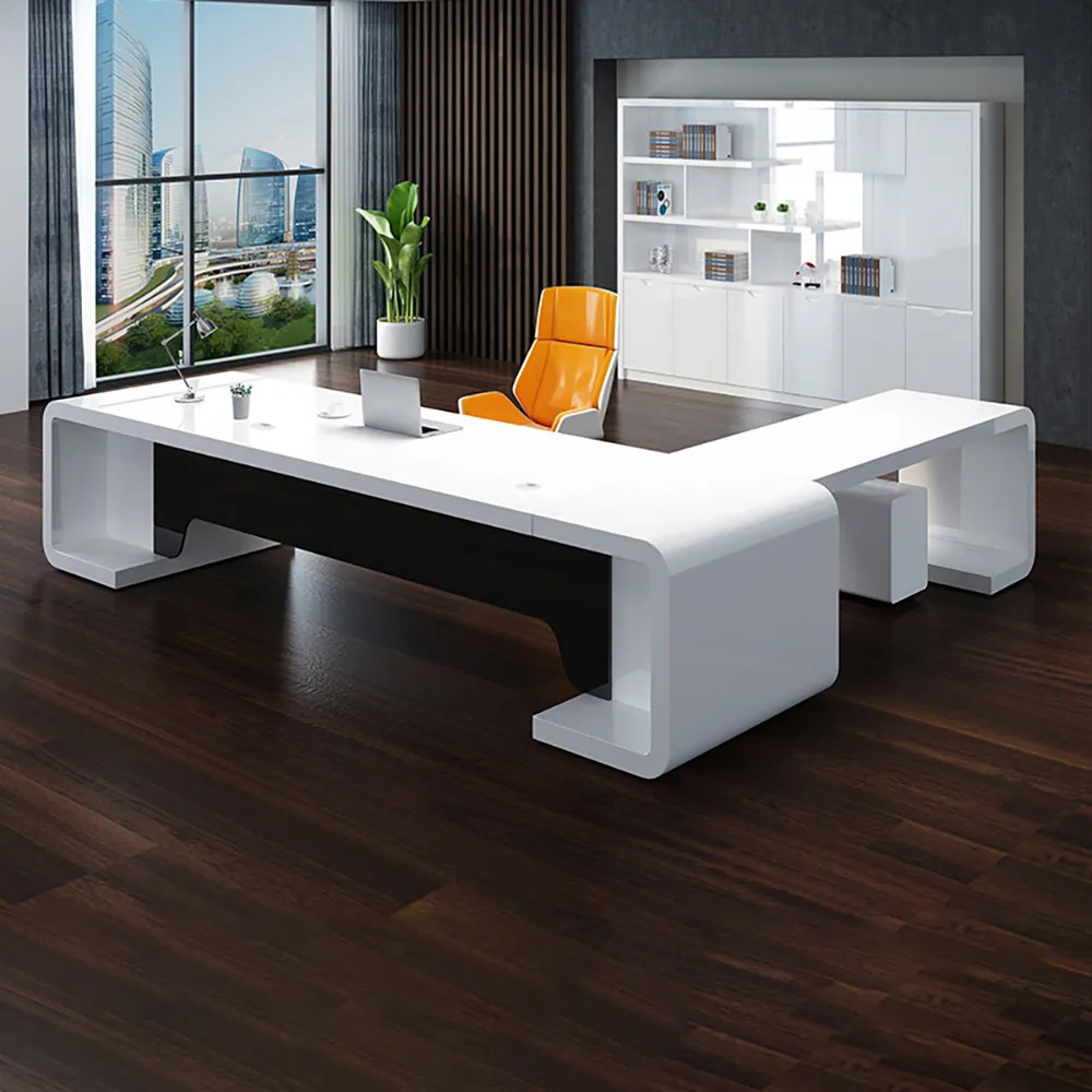 94.5" L-Shaped Contemporary Executive Desk of Left Hand with Drawers in White & Black