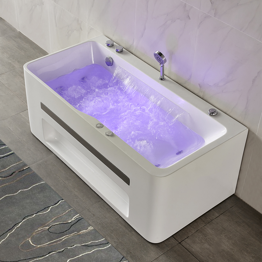 1700m Acrylic Corner Bath Massage Sided Apron Bath in White with Chromotherapy LED