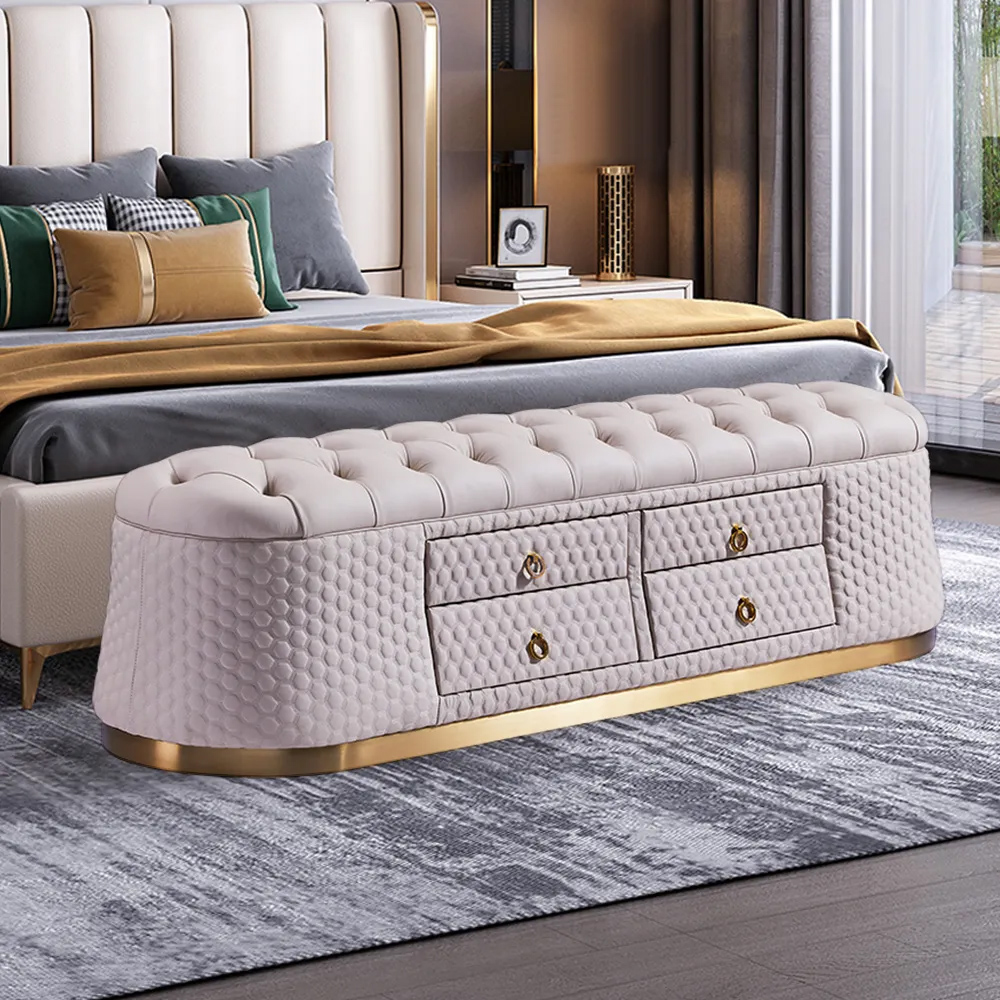 

Modern Upholstered Bed End Bench with Storage Ottoman Bench in White