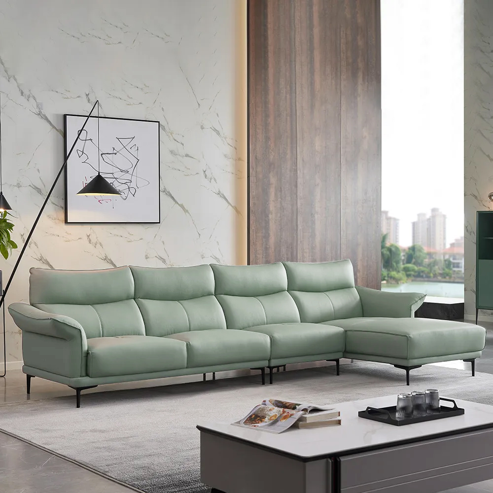 

Green L-Shaped Leather Sectional Couch Sectional Sofa with Solid Wood Frame & Metal Legs