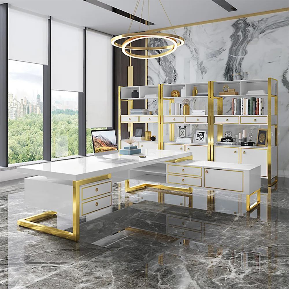 

L-Shaped Modern Office Executive Desk of Right Hand with Storage in White & Gold