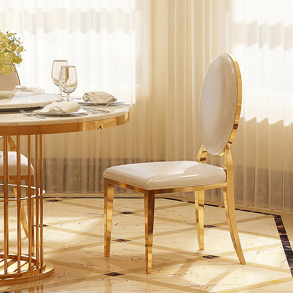 Klassischer luxuriöser gepolsterter Esszimmerstuhl aus weißem PU-Leder, Edelstahl, goldfarben, 2 Stück