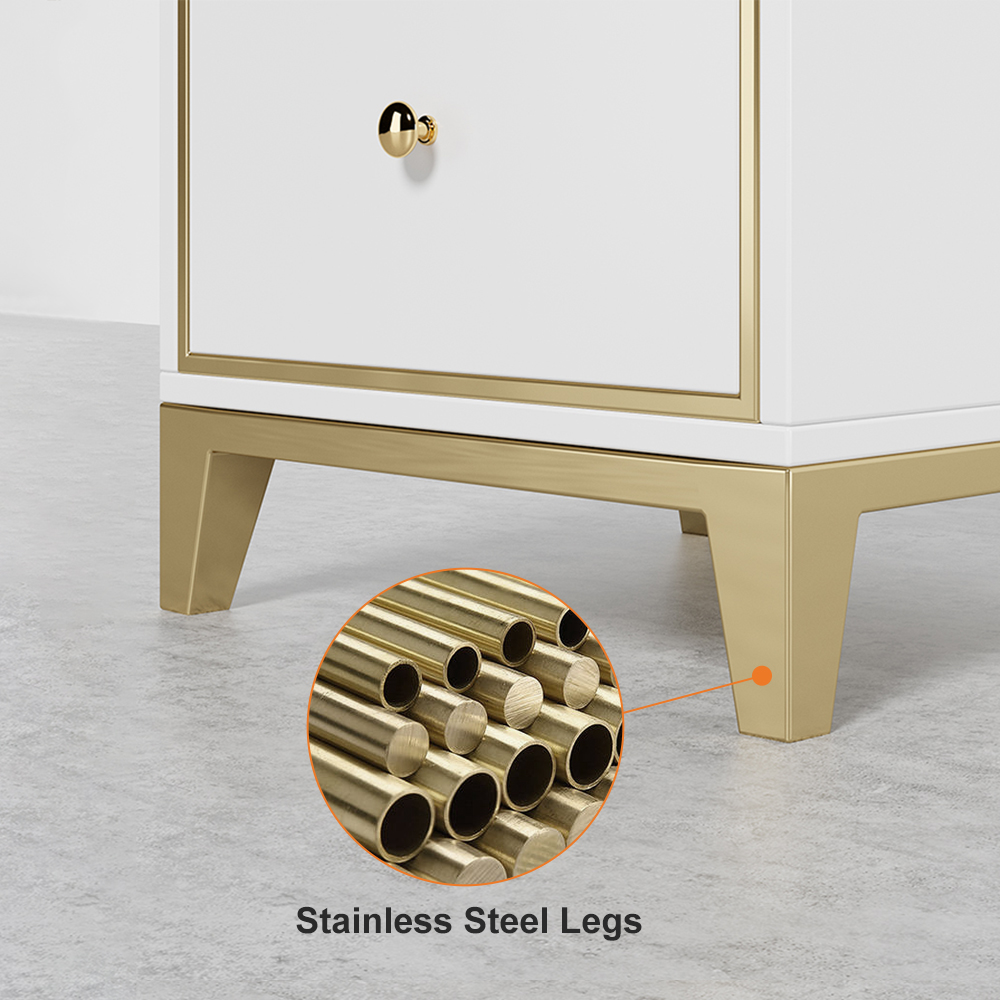 White Modern Nightstand with 2-Drawer and Gold Legs