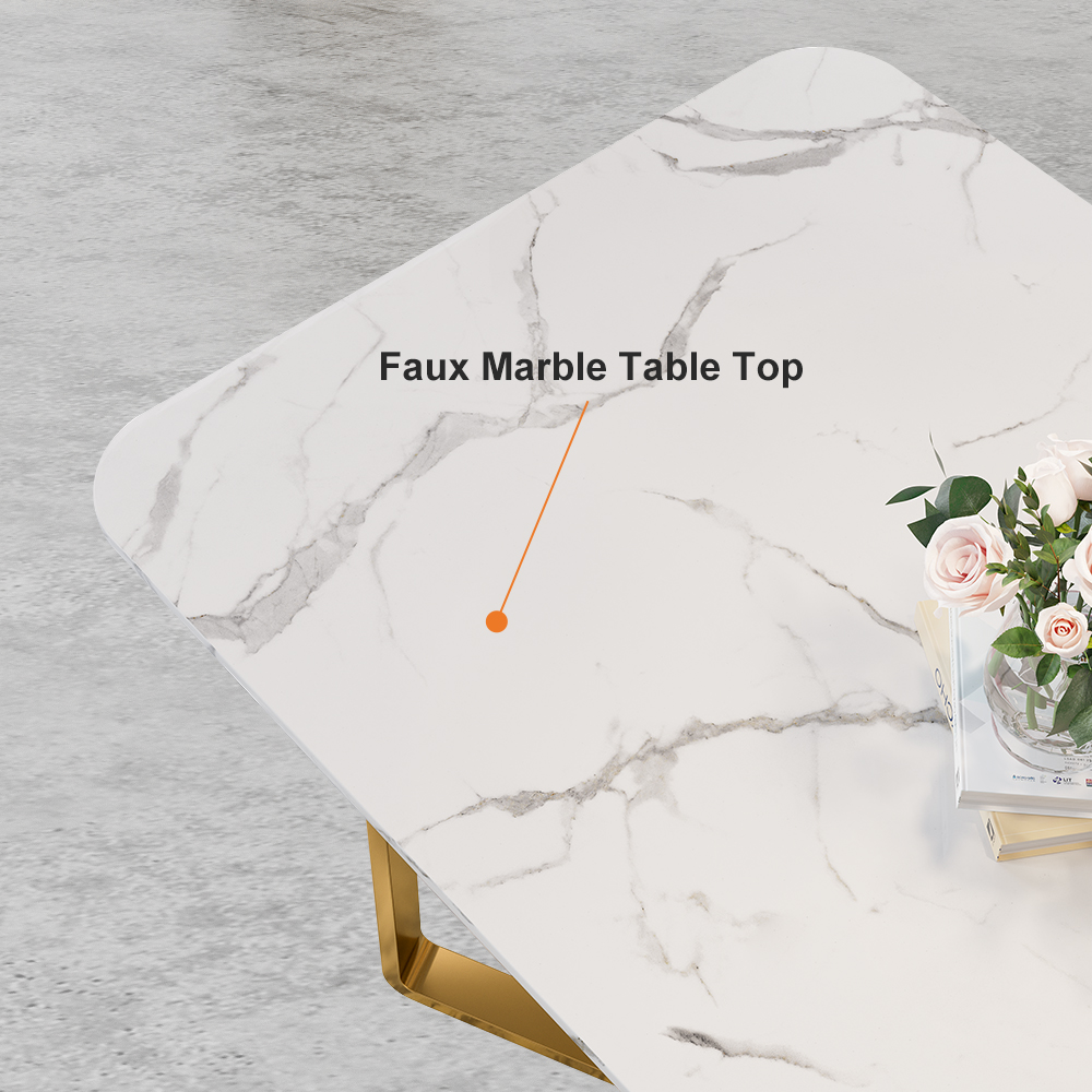 Marby Modern Rectangle 63" Faux Marble Dining Table Gold Base Stainless Steel