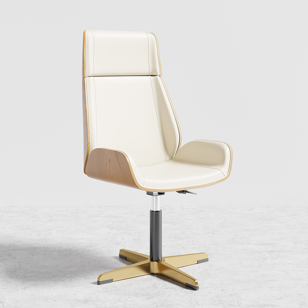 Leather Office Desk Chair High Back Swivel Adjustable Executive Chair in White and Gold