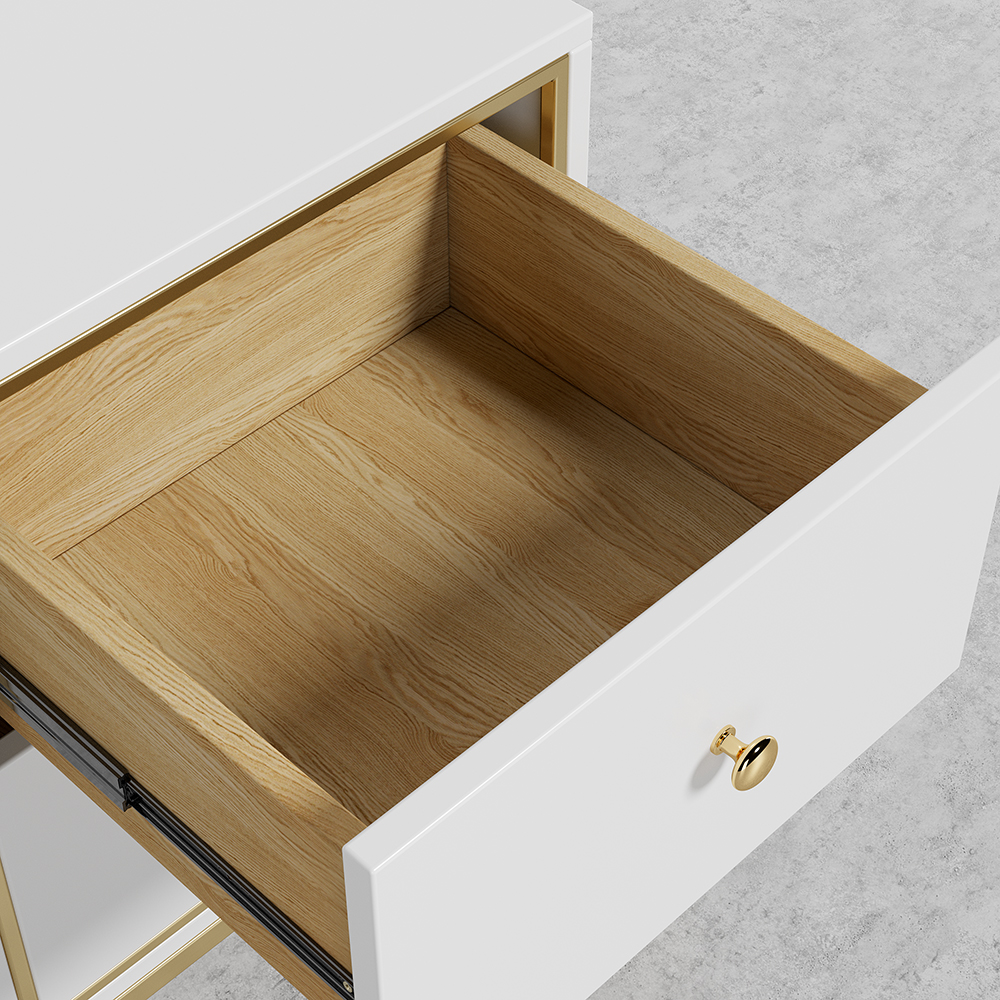 White Modern Nightstand with 2-Drawer and Gold Legs