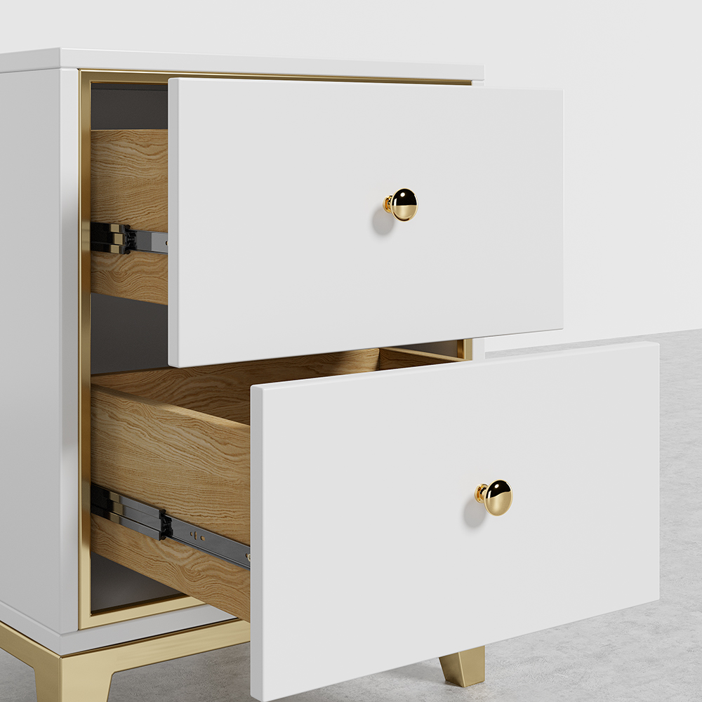 White Modern Bedside Table with 2-Drawer and Gold Legs
