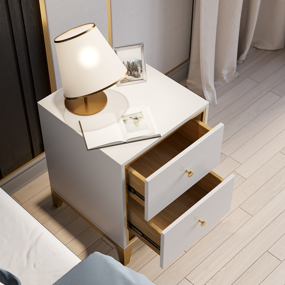 Table de chevet moderne blanche avec 2 tiroirs et pieds dorés