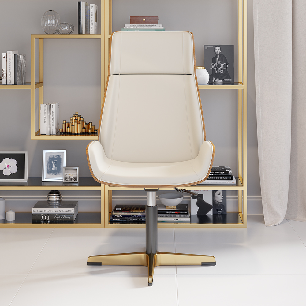 Chaise de bureau en cuir à dossier haut pivotant et réglable en blanc et or