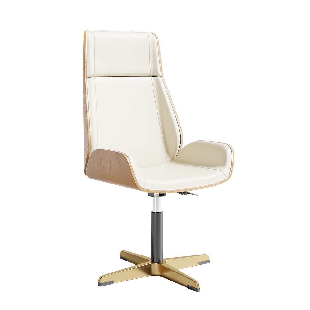 Leather Office Desk Chair High Back Adjustable Swivel Executive Chair in White & Gold