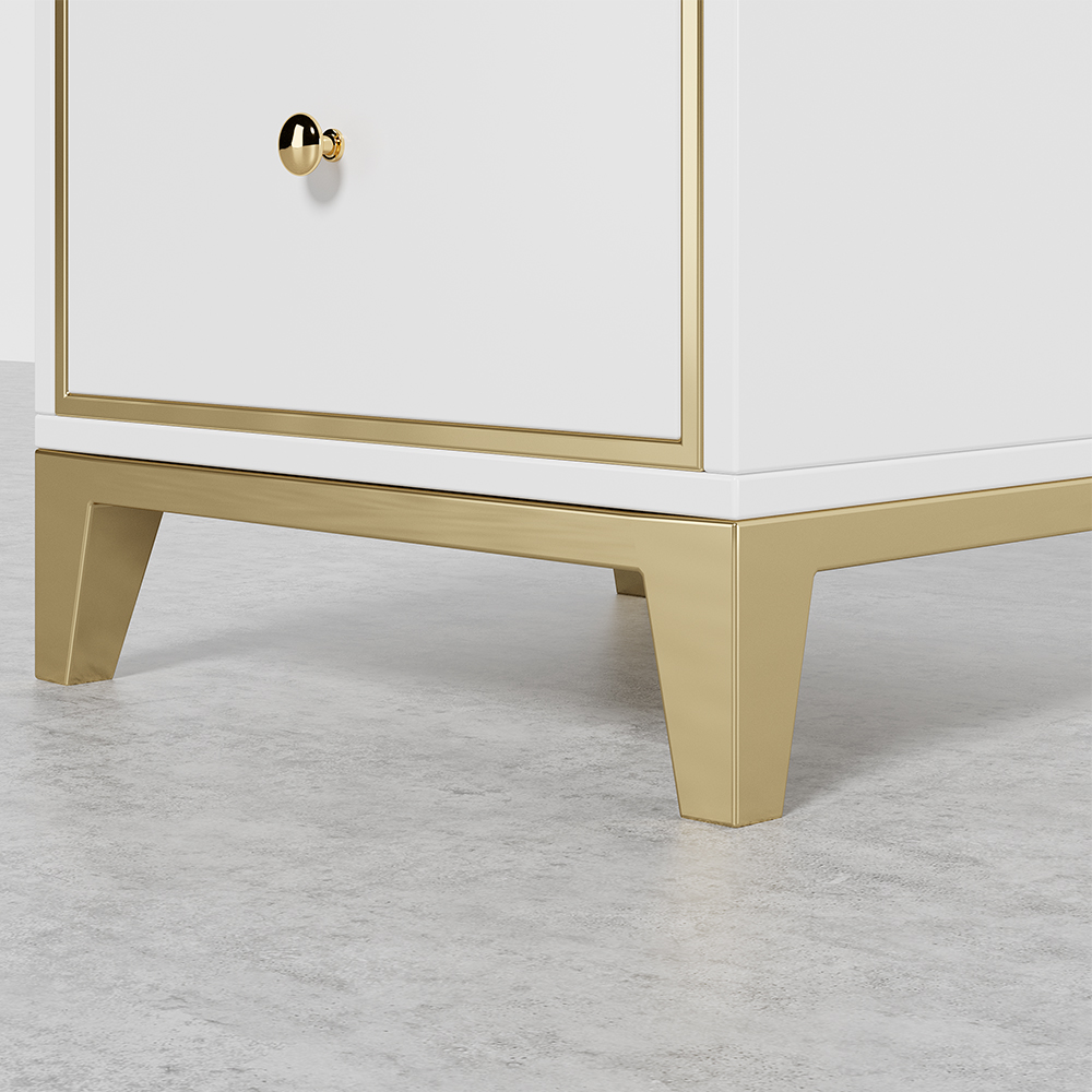 Table de chevet moderne blanche avec 2 tiroirs et pieds dorés