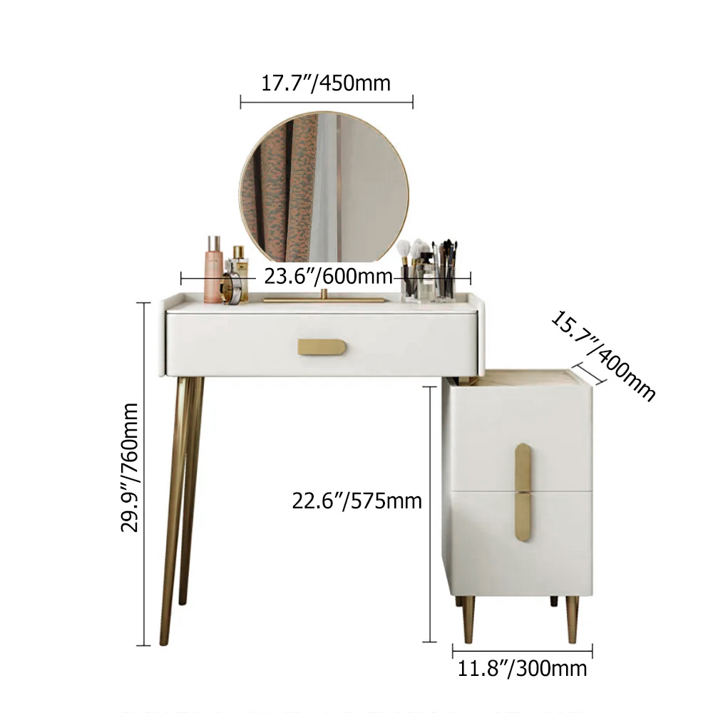 Modern Off-white Makeup Vanity Table with Mirror & Side Table
