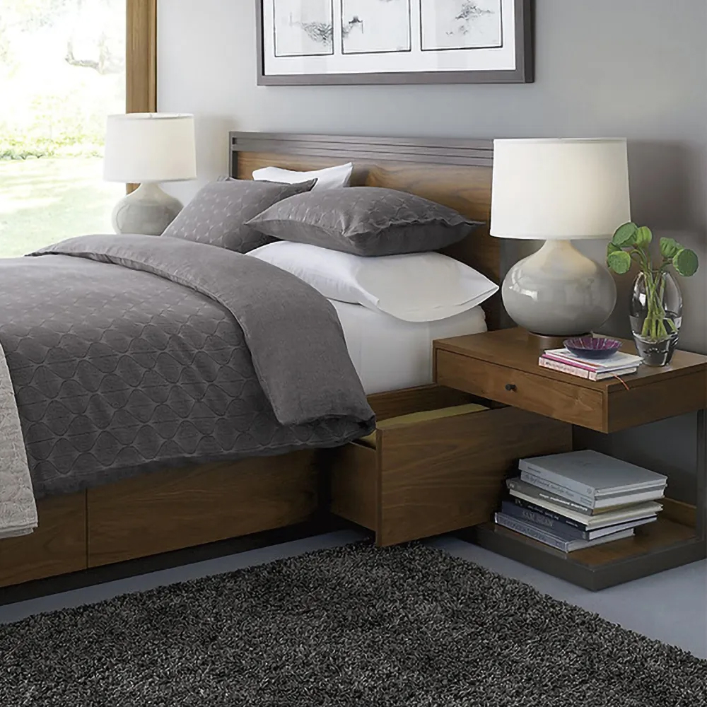 Schlafzimmer-Nachttisch aus Walnuss mit Schublade mit Ablage Nachttisch Holz & schwarzes Metall
