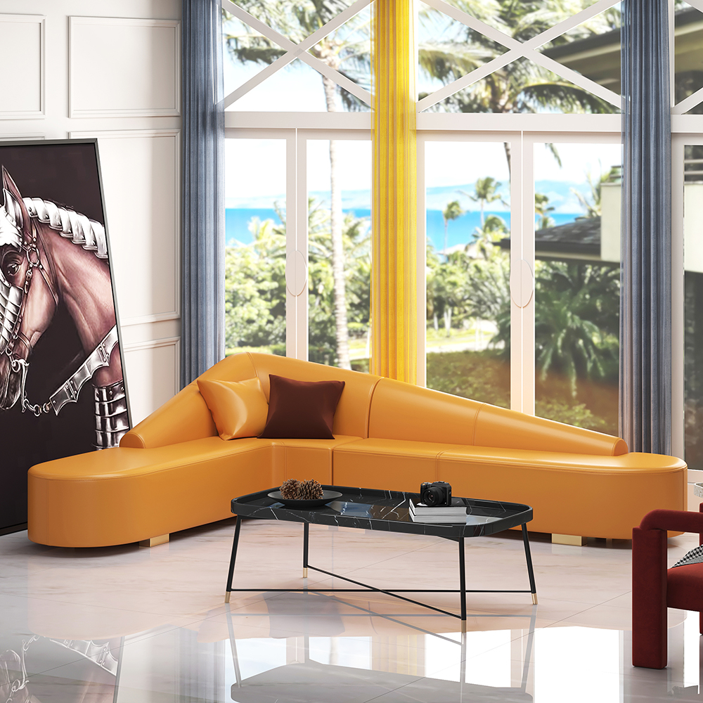 Modern Orange Faux Leather Sectional Upholstered L-Shaped Corner Sofa
