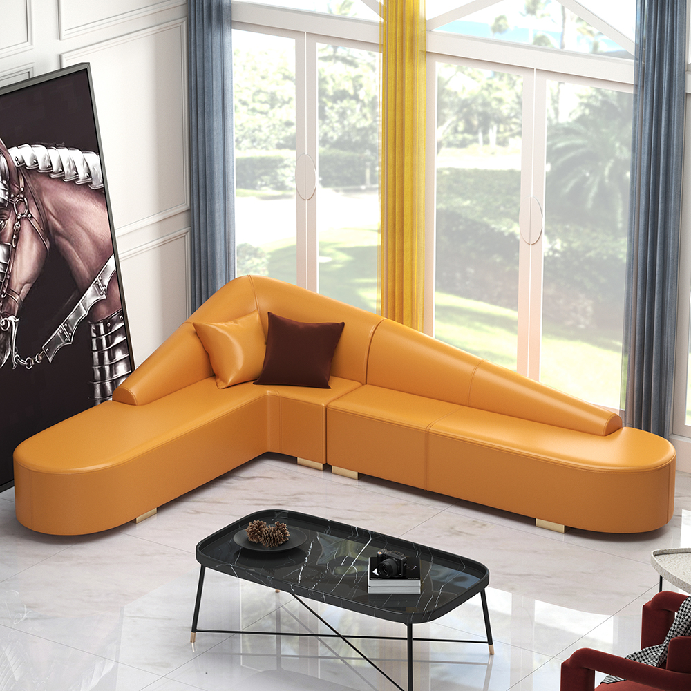 Sofá esquinero en forma de L tapizado seccional de piel sintética naranja moderno