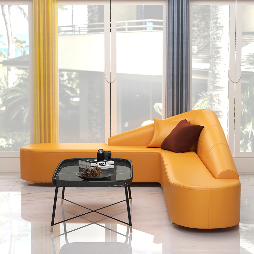 Sofá esquinero en forma de L tapizado seccional de piel sintética naranja moderno