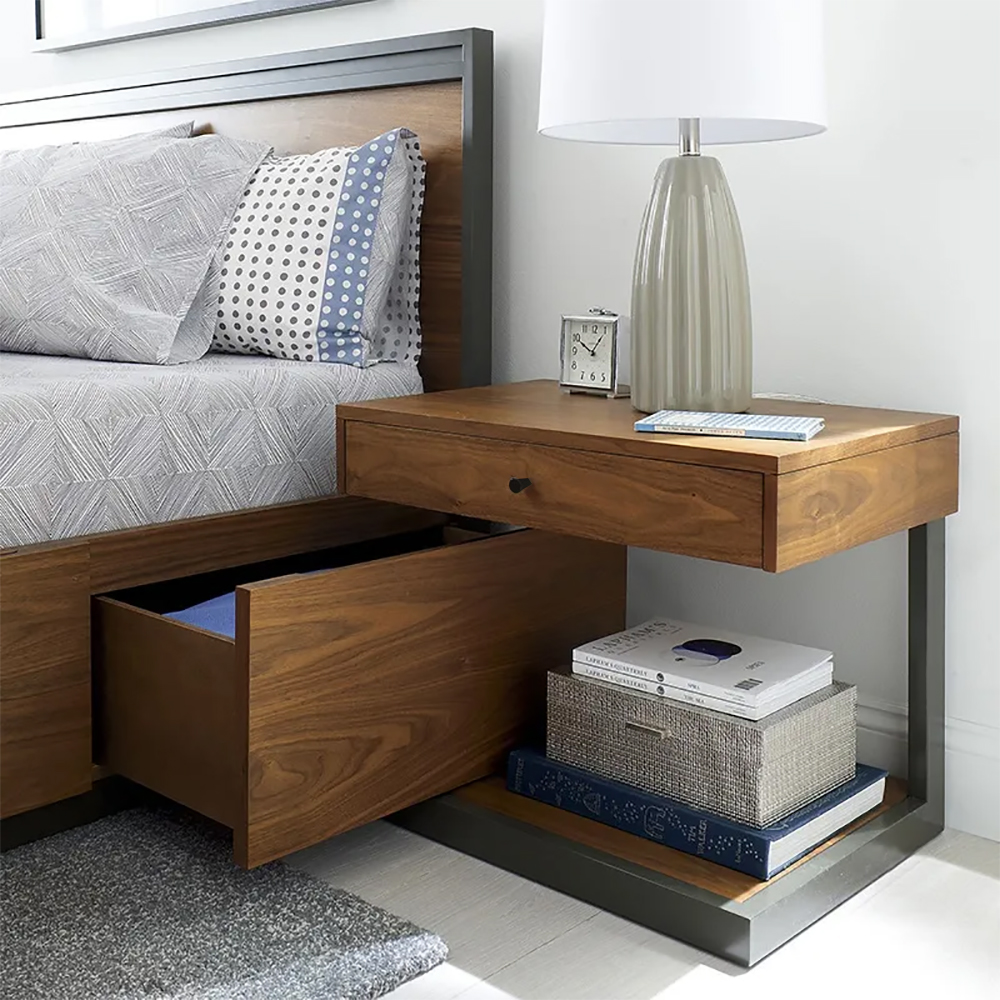 Schlafzimmer-Nachttisch aus Walnuss mit Schublade mit Ablage Nachttisch Holz & schwarzes Metall
