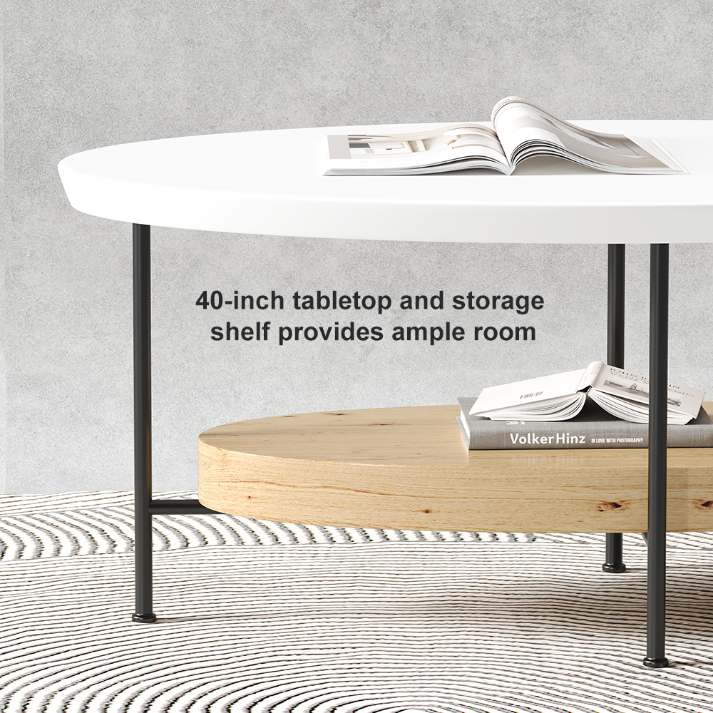 Table basse ovale moderne blanche et naturelle de 1000 mm avec étagère de rangement en bois clair et métal