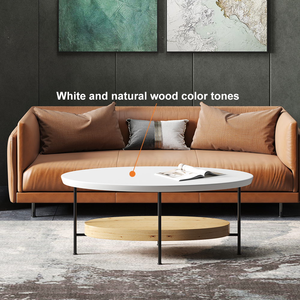1000mm Modern White & Natural Oval Coffee Table with Storage Shelf