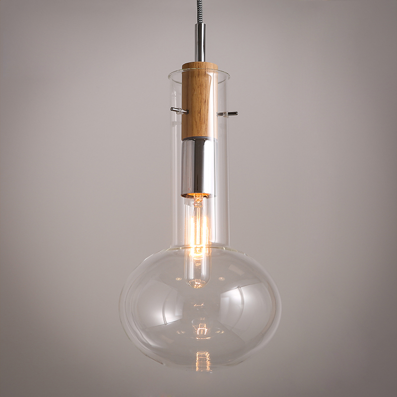 

Vintage Clear Glass 1-Light Pendant Light in Wood & Metal
