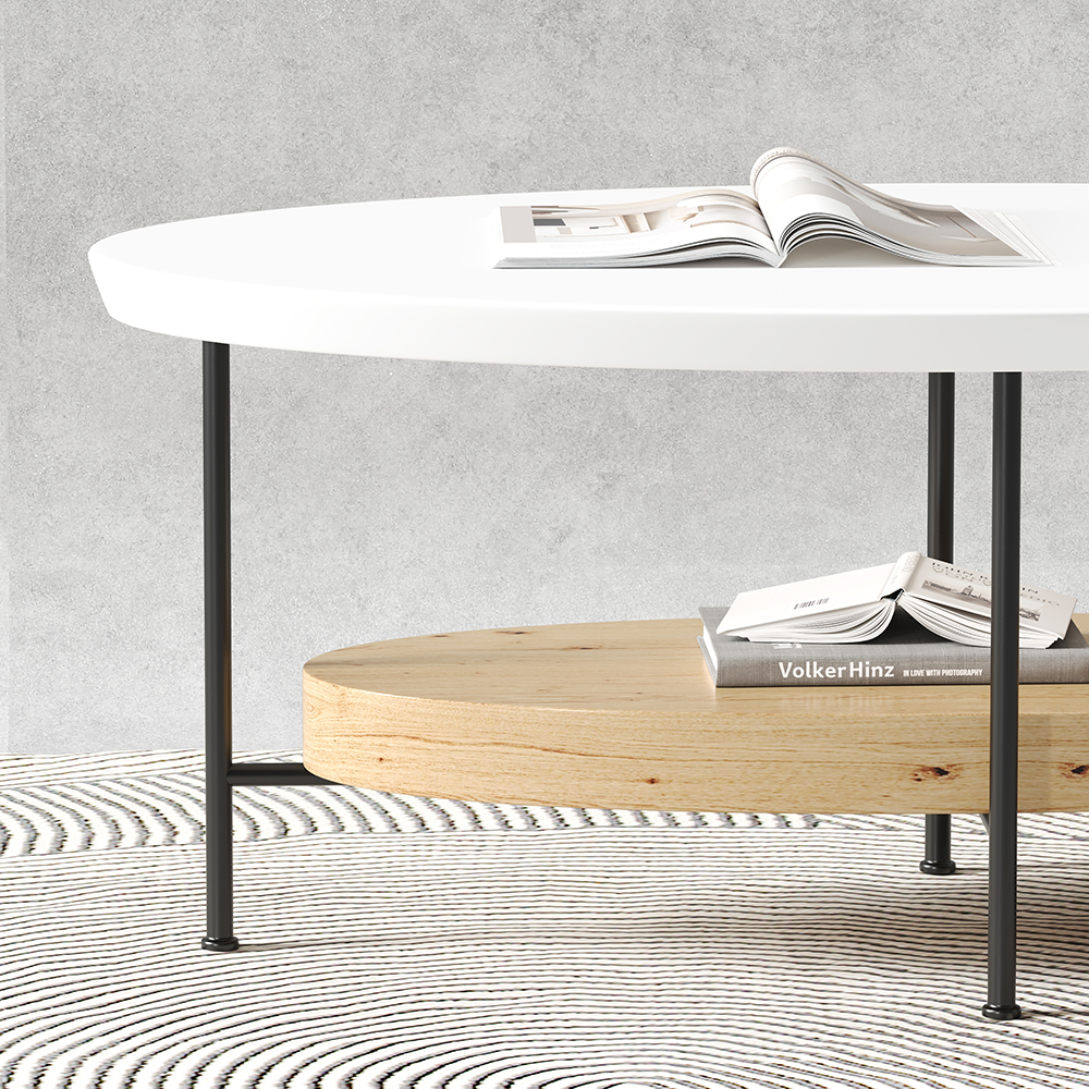 1000mm Modern White & Natural Oval Coffee Table with Storage Shelf Light Wood and Metal