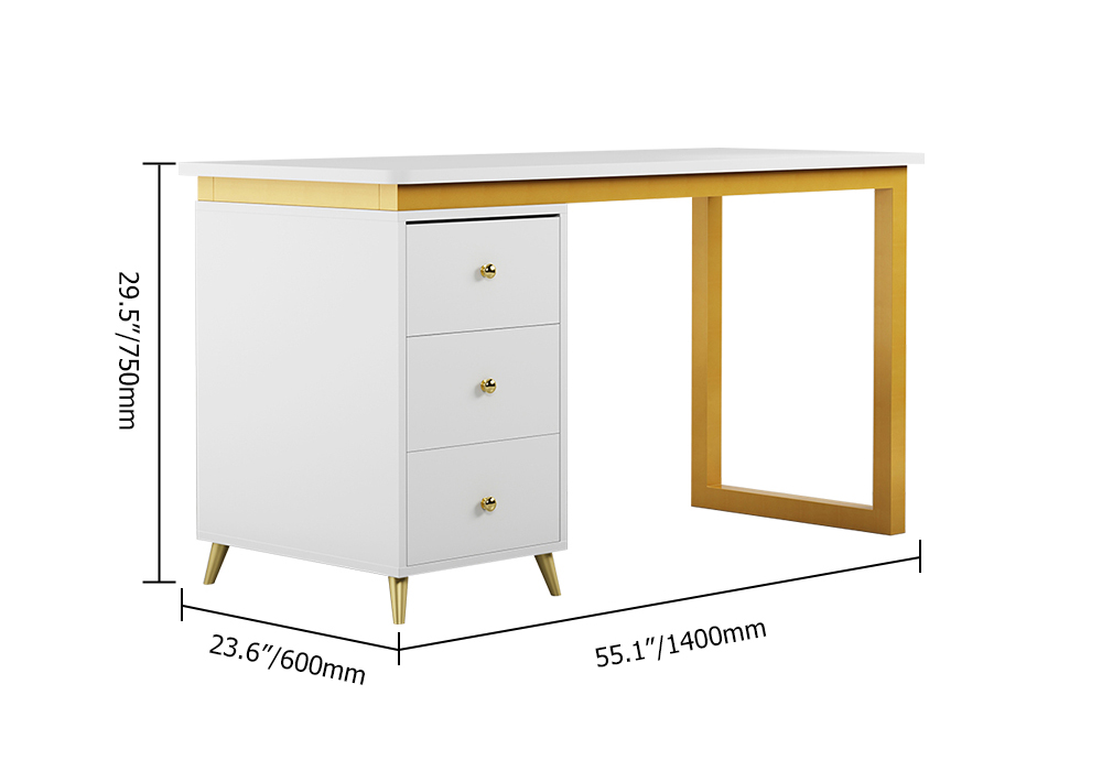 Modern 55" White Wooden Home Office Computer Desk with Drawers in Gold