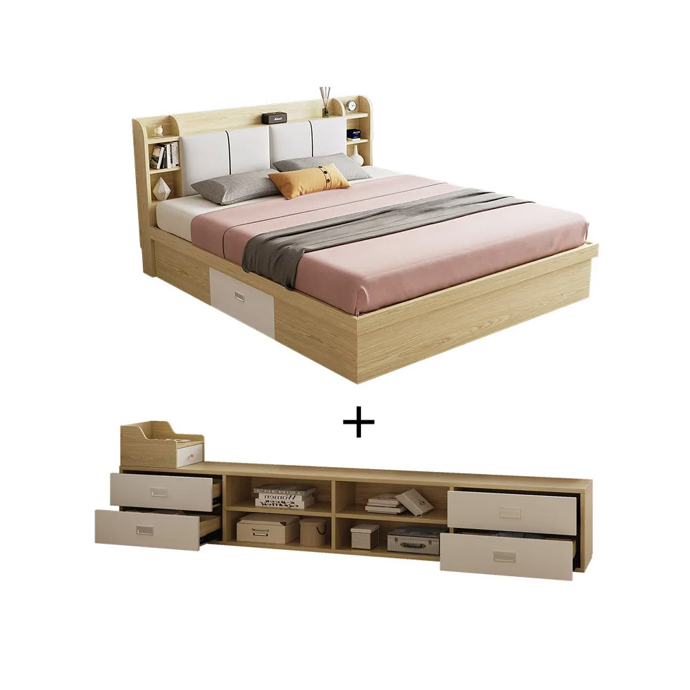 Queen Wooden Storage Bed with Upholstered Headboard and Drawers