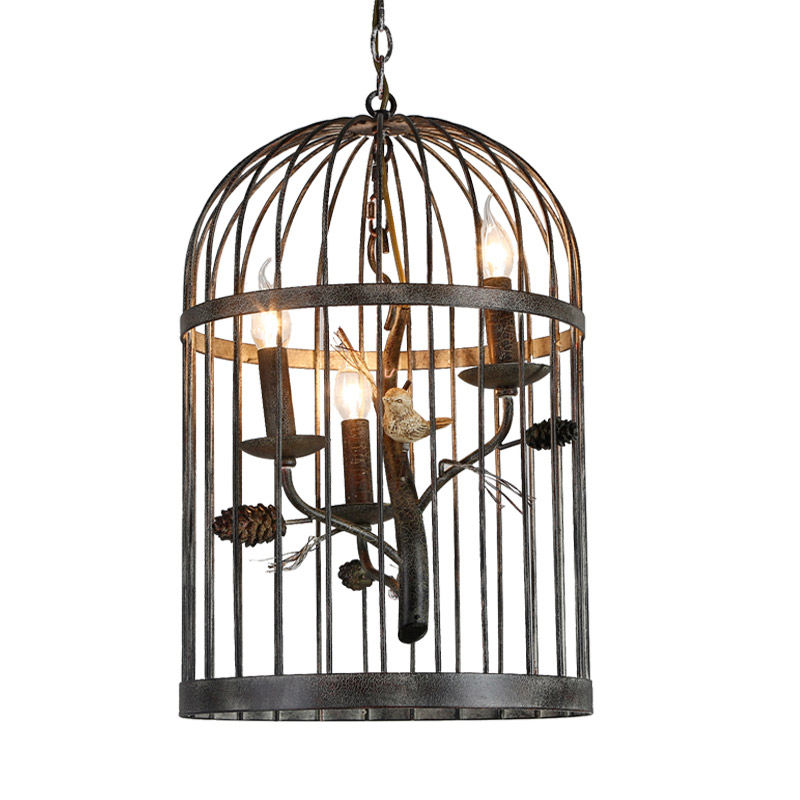 

Rustic Bird and Pinecone Adorned Three-light Metal Hanging Birdcage Pendant Light