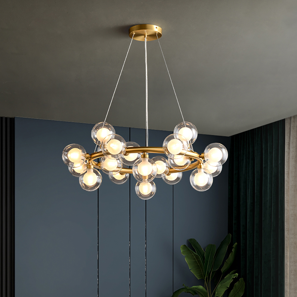

Modern Brass Round Chandelier 20-Light with Tiered Glass Shade for Living Room