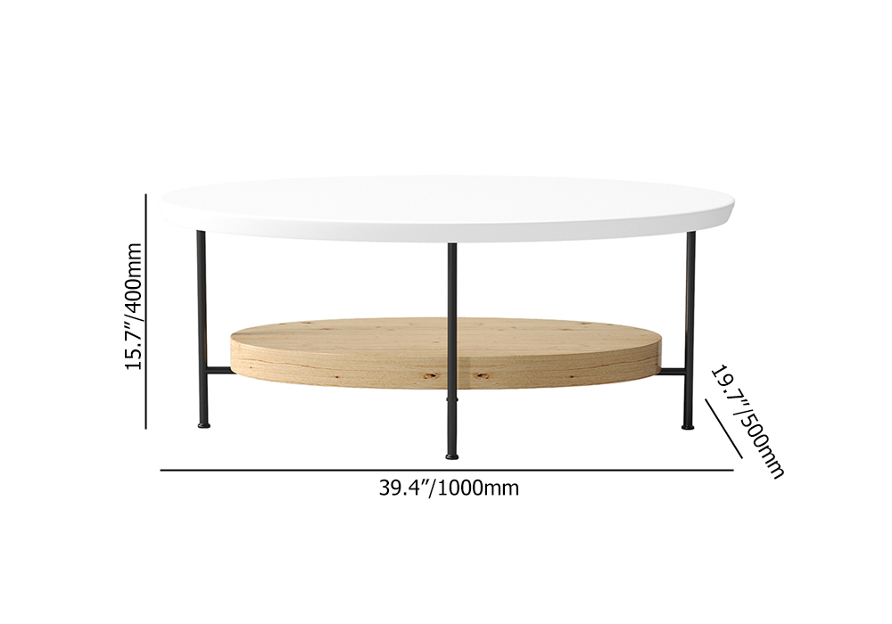 Table basse ovale moderne blanche et naturelle de 1000 mm avec étagère de rangement en bois clair et métal