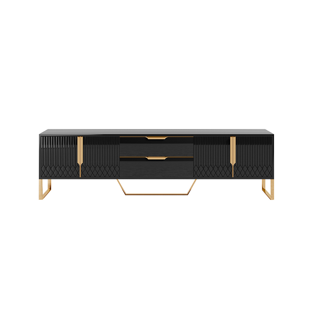 Aro Modern Black Wood Rectangle TV Stand with Storage Media Console with Gold Legs