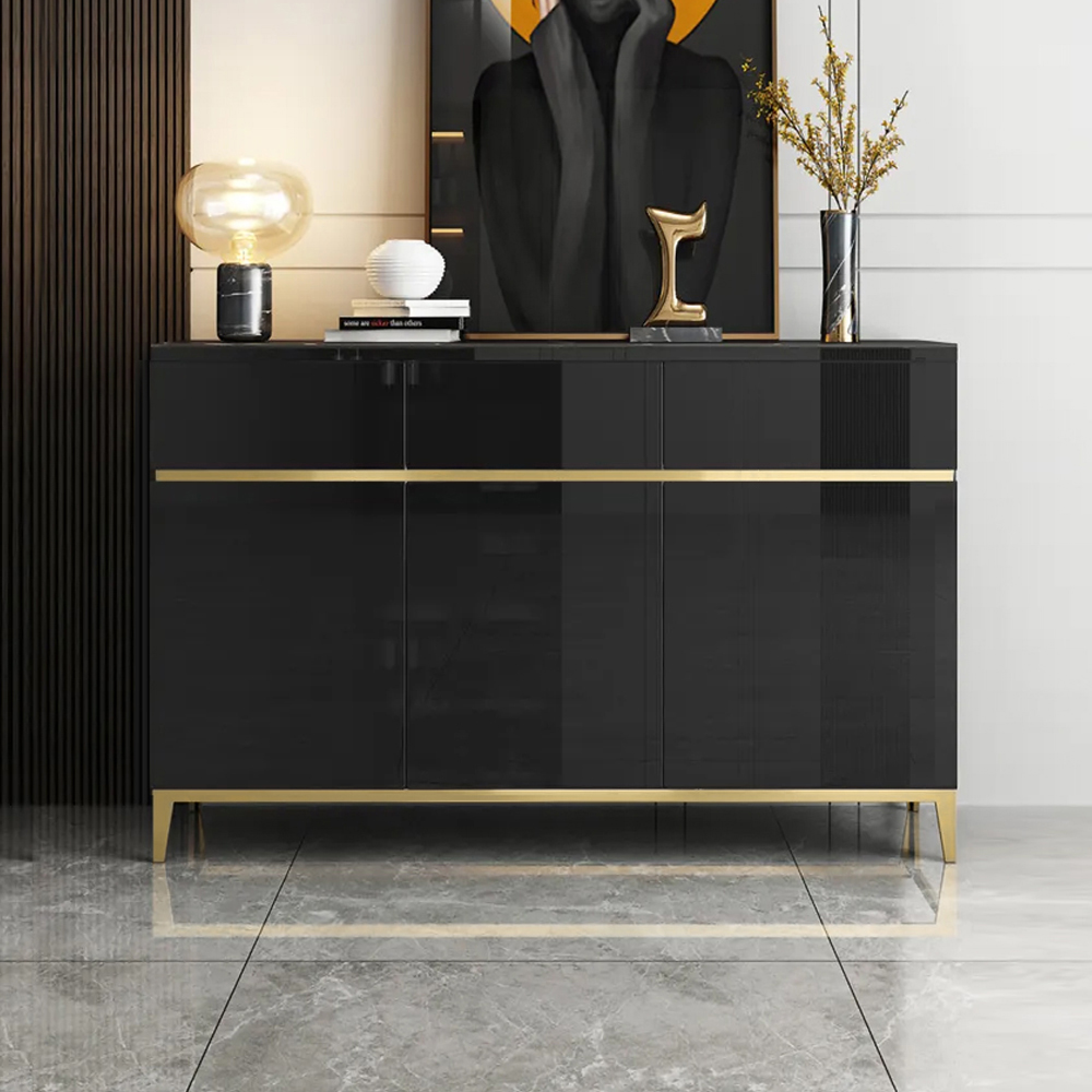 1500mm Black Modern Sideboard with Stone Top & 4 Doors & 4 Drawers in Large