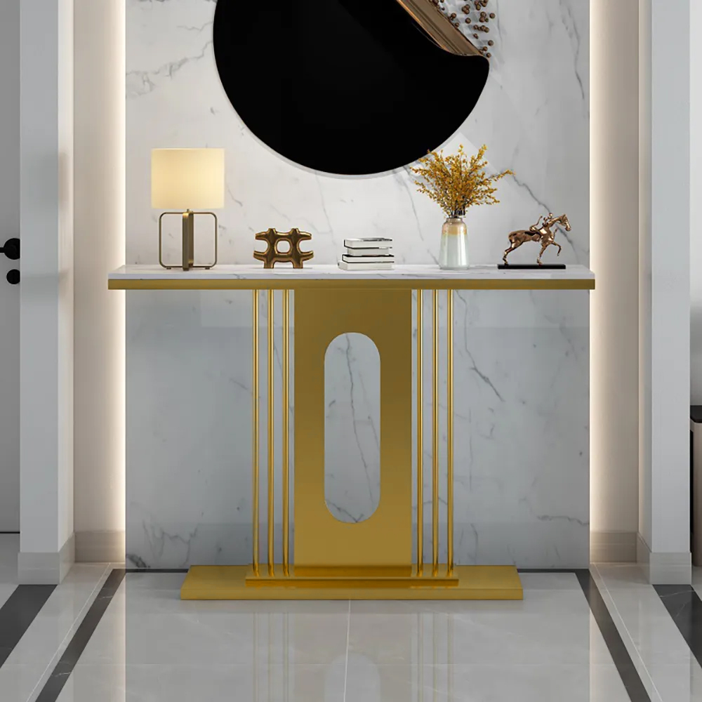 

47" Modern Narrow Console Table with Pedestal in White & Gold for Entryway