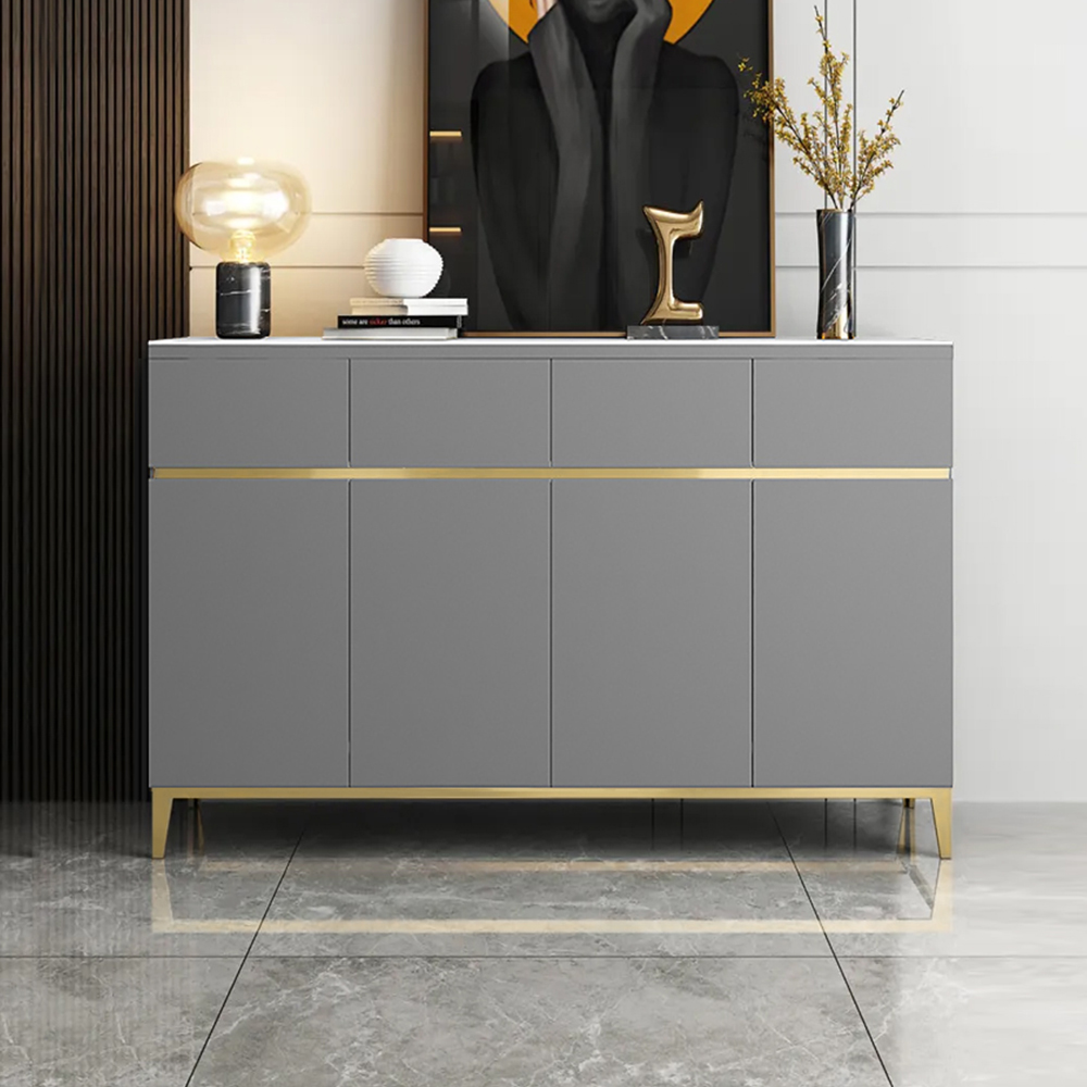 47" Gray Modern Sideboard with Stone Top & 4 Doors & 4 Drawers in Small