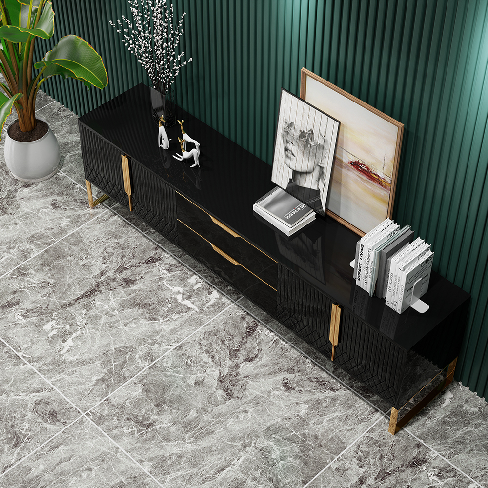 Aro Modern Black Wood TV Stand with 2 Drawers & 4 Doors Media Console