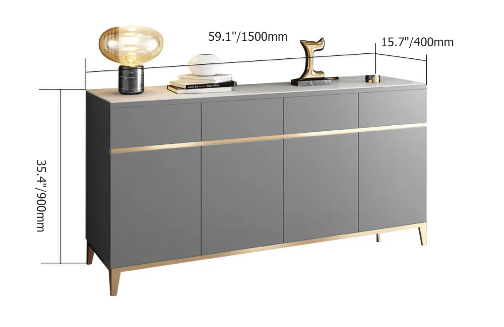 1500mm Black Modern Sideboard with Stone Top & 4 Doors & 4 Drawers in Large