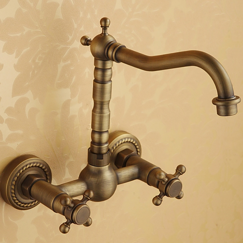 

Chester Traditional Two Cross Handle Wall Mounted Faucet in Antique Brass
