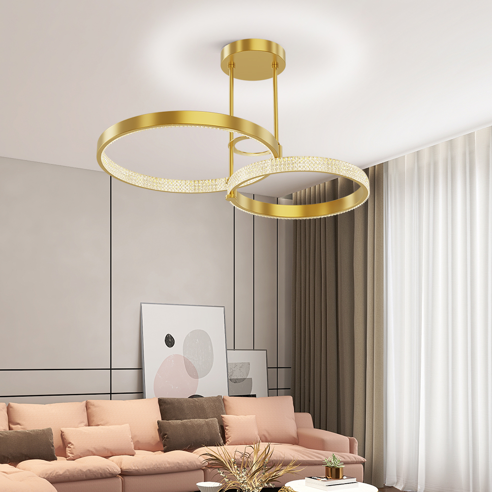 

2-Light LED Semi Flush Mount light Brass Ceiling Light in Gold