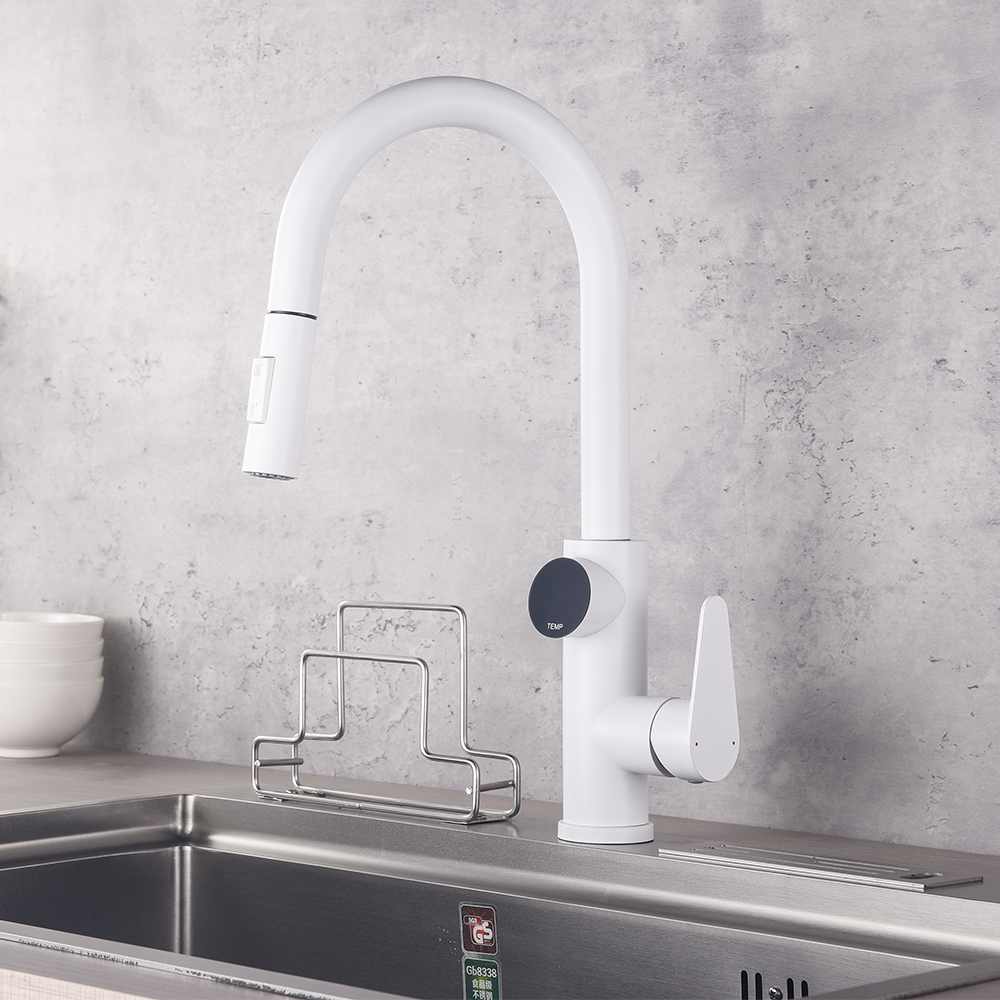 White Kitchen Tap With Pull Down Sprayer Single Handle Temperature Display