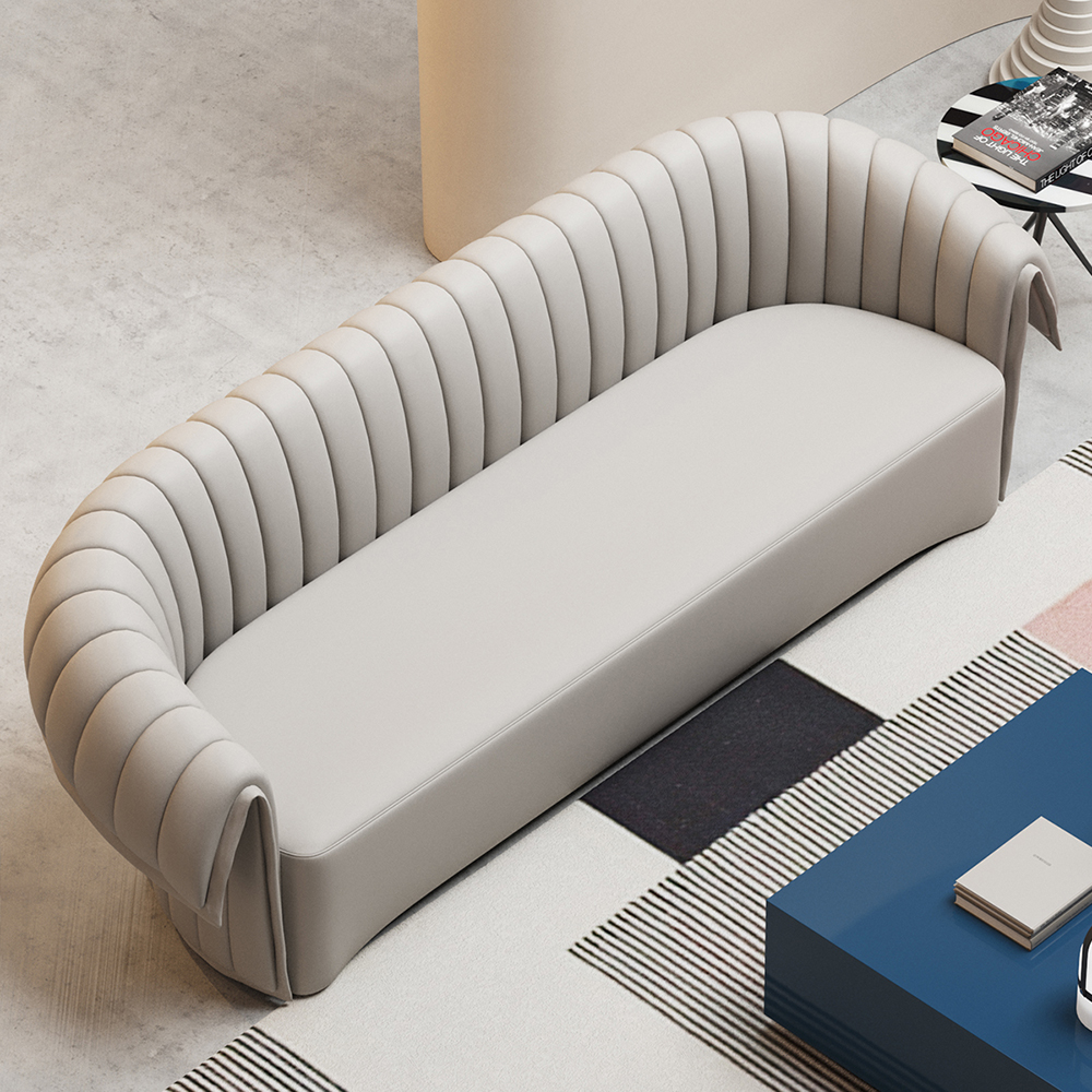 

98" Off-white Curved Sofa Microfiber Leather Upholstery with Full Back for 5 Seaters