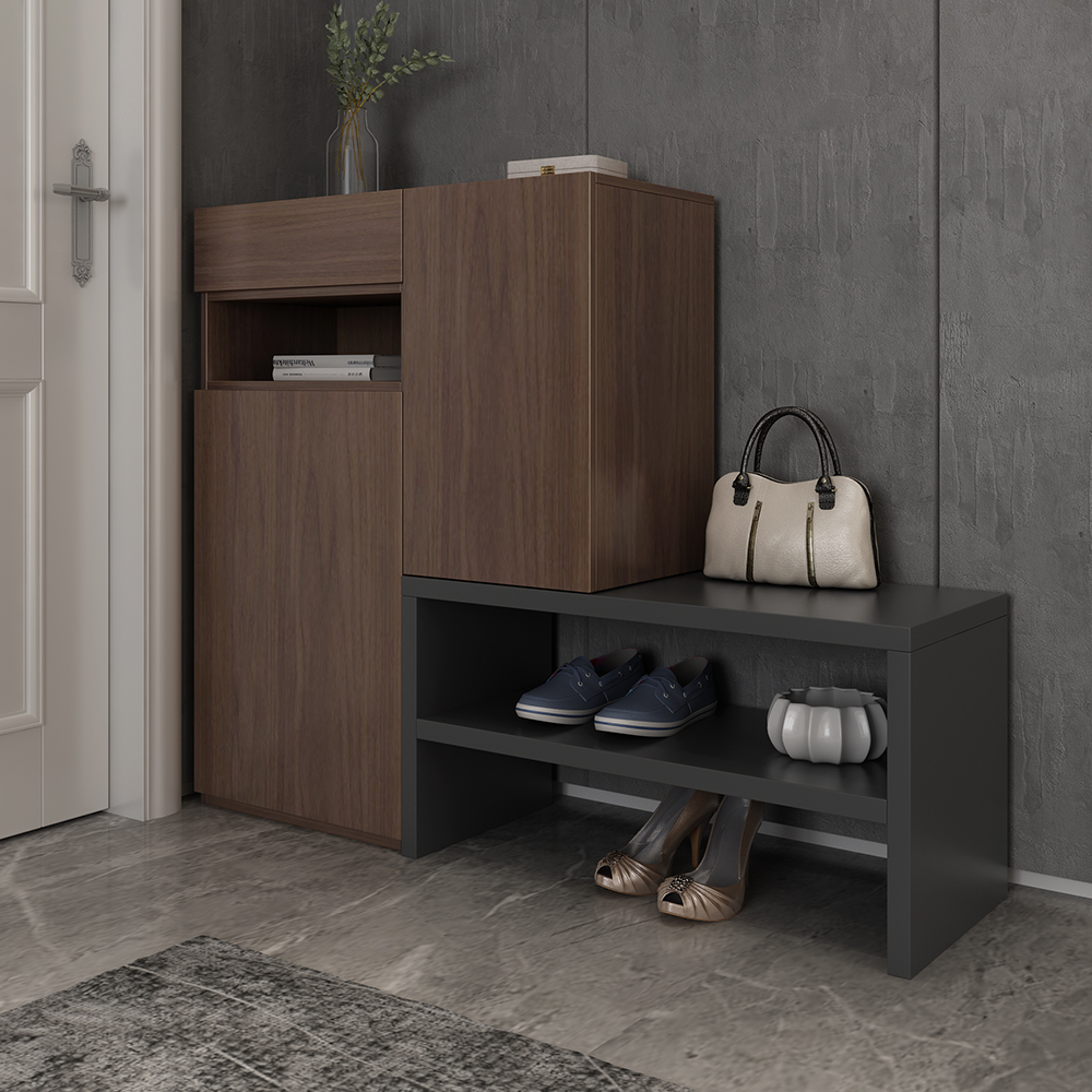 Contemporary Corner Shoe Cabinet with 7 Shelves & 1 Drawer in Walnut