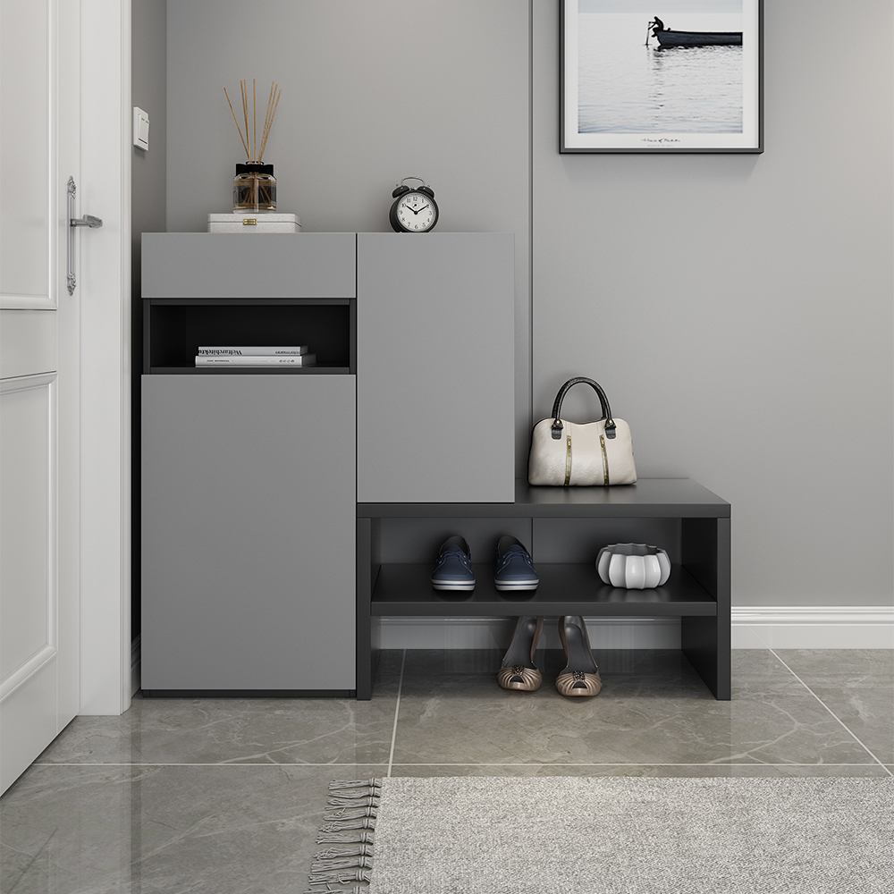 Contemporary Corner Shoe Cabinet with 7 Shelves & 1 Drawer in Gray