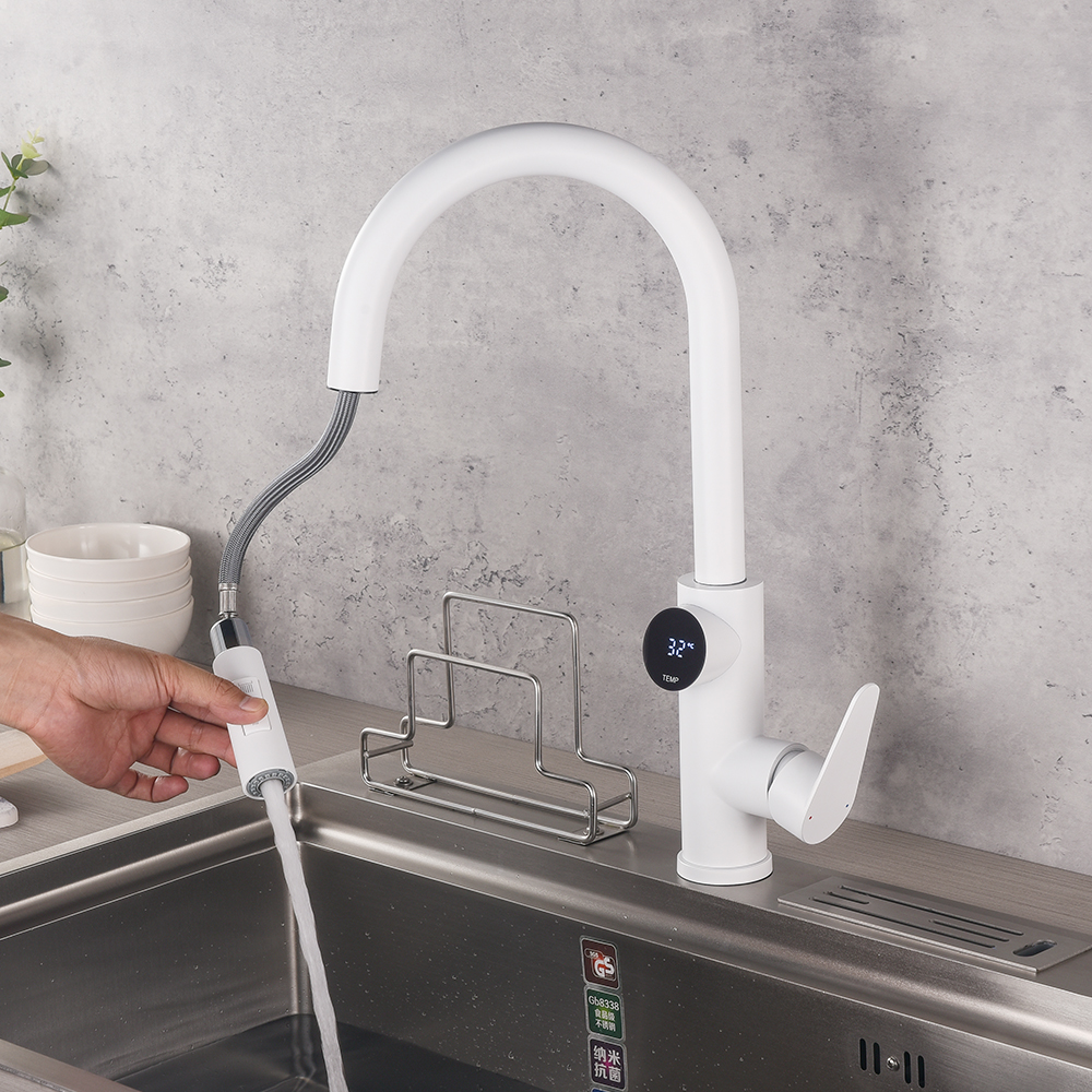 White Kitchen Tap With Pull Down Sprayer Single Handle Temperature Display