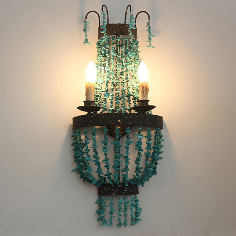 

Coastal 2-Light Turquoise Beaded Metal Band Retro Vintage Indoor Wall Sconce in Rust