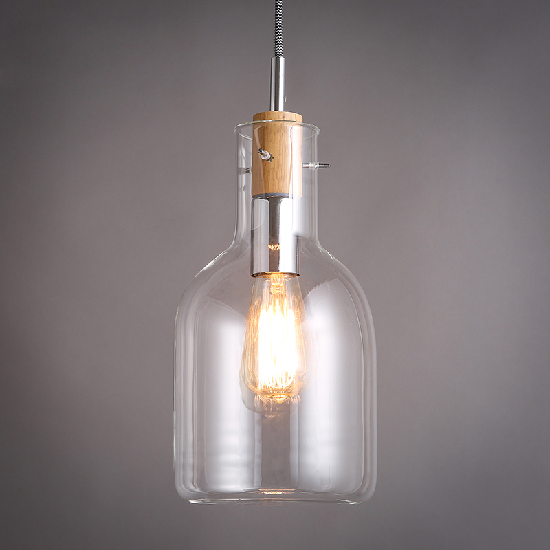 

Vintage Clear Glass 1-Light Pendant Light in Wood & Metal